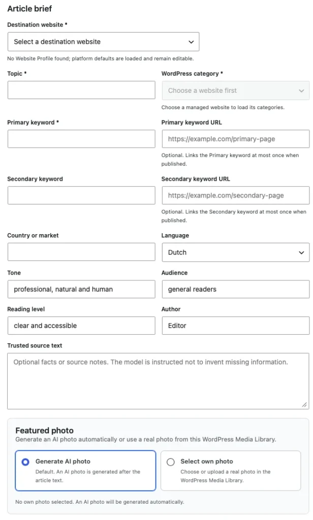 SitePublisher AI article brief interface